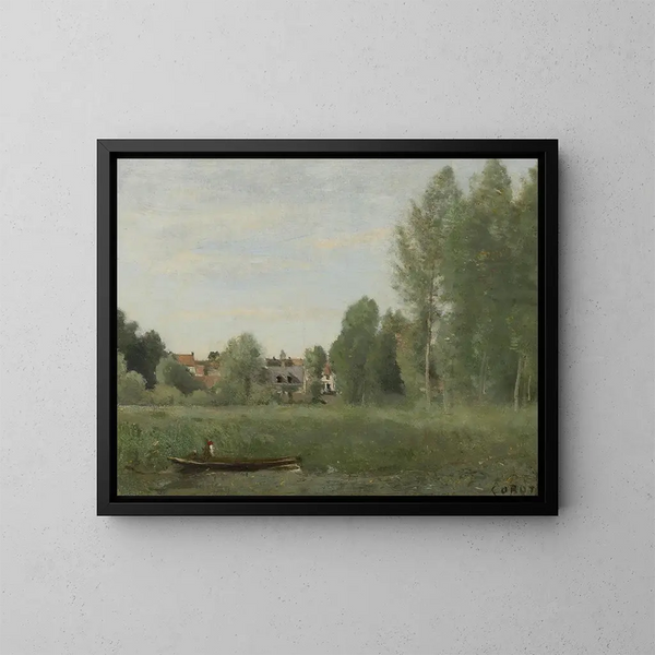 Environs de Mantes, petites habitations cachées dans les arbres près du bord de l'eau - Jean-Baptiste-Camille Corot — framed artwork on a wall
