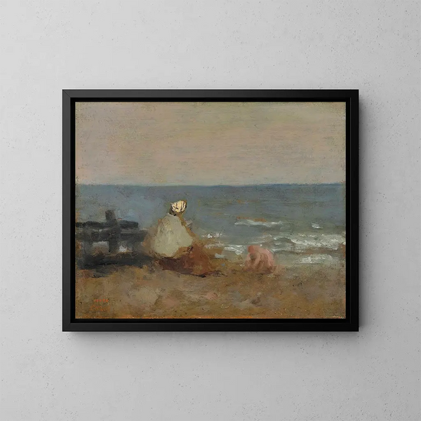 Woman and Child by the Sea at Étretat - Jean-Baptiste-Camille Corot — framed artwork on a wall