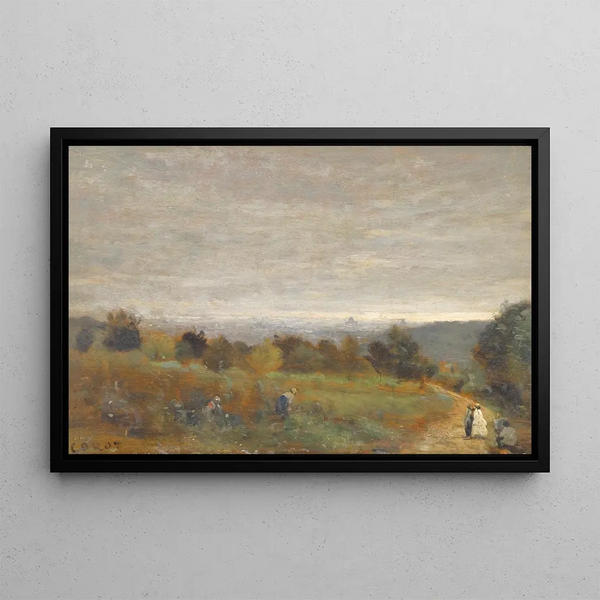 De Hoogten van Sèvres, Parijs op de achtergrond - Jean-Baptiste-Camille Corot — ingelijst kunstwerk aan de muur