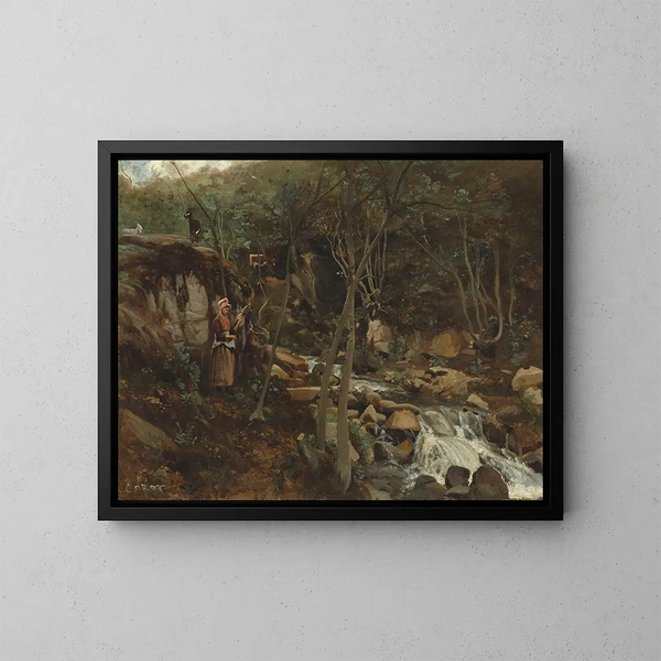 van een stroom met een staande geit die weeft - Jean-Baptiste-Camille Corot — ingelijst kunstwerk aan de muur