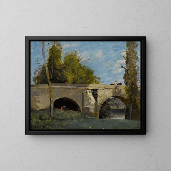 Mantes, twee bogen van de brug met een ruiter - Jean-Baptiste-Camille Corot — ingelijst kunstwerk aan de muur