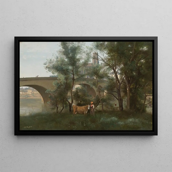 Mantes De oevers van de Seine aan de voet van de brug - Jean-Baptiste-Camille Corot — ingelijst kunstwerk aan de muur