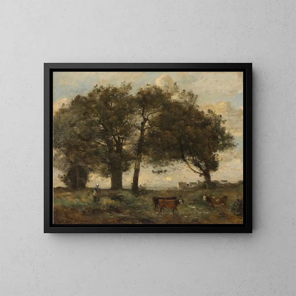 Marécages boisés avec trois vaches - Jean-Baptiste-Camille Corot — ingelijst kunstwerk aan de muur