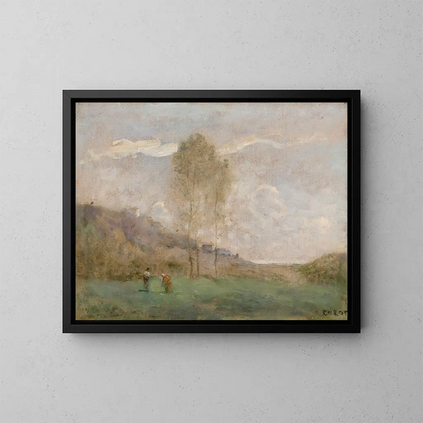 Landschap in de herfst bij de kust met twee figuren - Jean-Baptiste-Camille Corot — ingelijst kunstwerk aan de muur