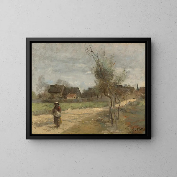 van een boerenlandschap op een weg met uitzicht op een dorp - Jean-Baptiste-Camille Corot — ingelijst kunstwerk aan de muur