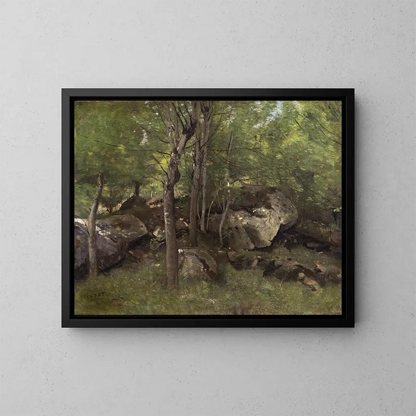 van Rochers dans la forêt de Fontainebleau - Jean-Baptiste-Camille Corot — ingelijst kunstwerk aan de muur