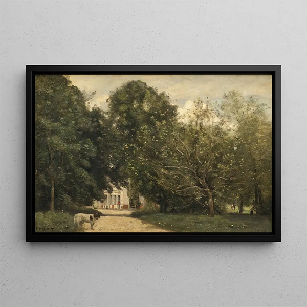 van Jean-Baptiste-Camille Corot's Schilderij De ingang van de villa van M. Dubuisson in Brunoy — ingelijst kunstwerk aan de muur