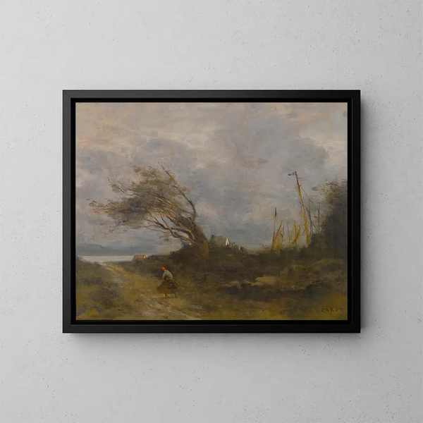 van een windstoot aan de rand van de zee - Jean-Baptiste-Camille Corot — ingelijst kunstwerk aan de muur