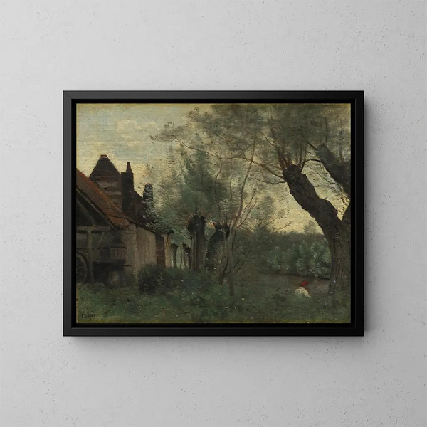 van de Zonnebloemen en boerderij in Sainte-Catherine-les-Arras - Jean-Baptiste-Camille Corot — ingelijst kunstwerk aan de muur