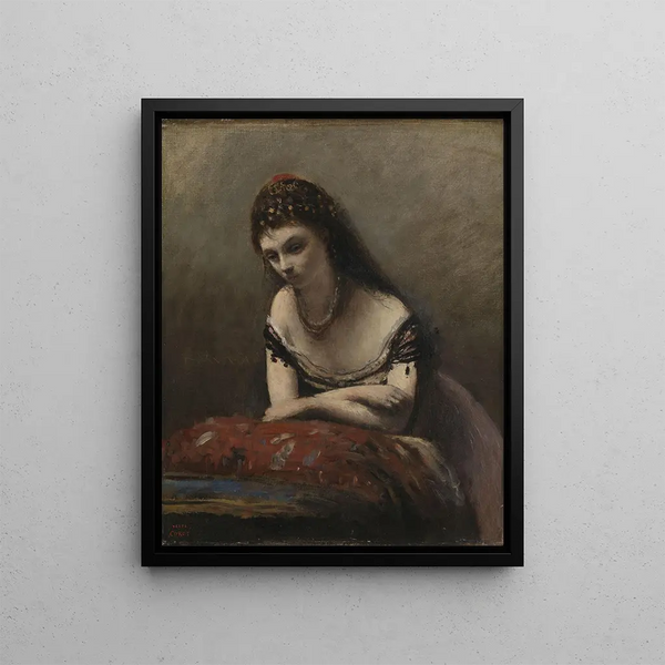 Jong meisje leunend op een kussen - Jean-Baptiste-Camille Corot — ingelijst kunstwerk aan de muur