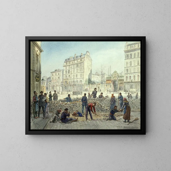 Barricade under the Commune, Place Blanche - Jean-Baptiste-François Arnaud-Durbec — framed artwork on a wall
