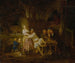 van een groep personages verzameld in een taverne met een serveerster en een wellustige eigenaar in het midden - Jean-Baptiste Leprince — weergave van het kunstwerk