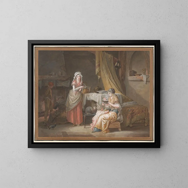Interior domestic painting with a young woman and a nurse feeding a child - Jean-Baptiste Mallet — framed artwork on a wall