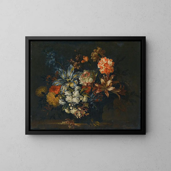 Nature morte with lilies, honeysuckle, and other flowers in a vase on a ledge - Jean-Baptiste Monnoyer — framed artwork on a wall