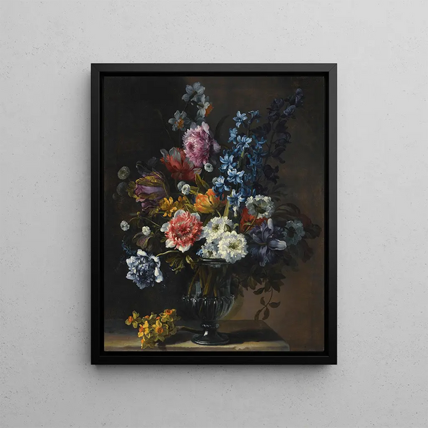 JeanBaptiste Monnoyer - A Still Life With Tulips A Hyacinth And Other Flowers In A Glass Vase On A Stone Plinth.webp