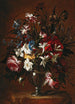 Œillets, roses, lys en andere bloemen in een vaas op een rand - Jean-Baptiste Monnoyer — weergave van het kunstwerk