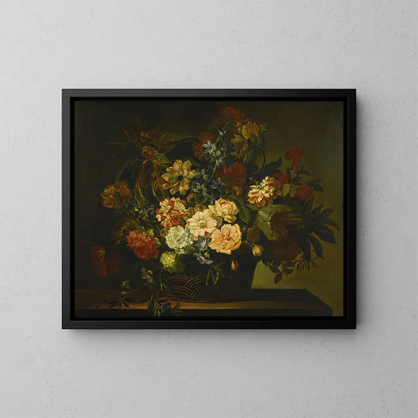 Dahlias, tulips, honeysuckle, and other flowers in a basket on a table - Jean-Baptiste Monnoyer — framed artwork on a wall