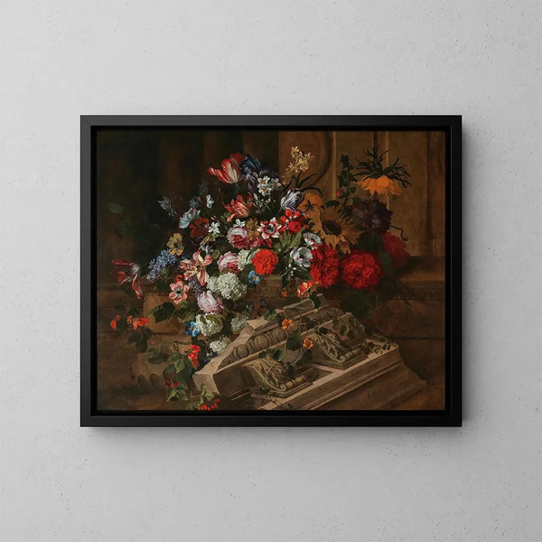 Flowers near a classical cornice on a terrace - Jean-Baptiste Monnoyer — framed artwork on a wall