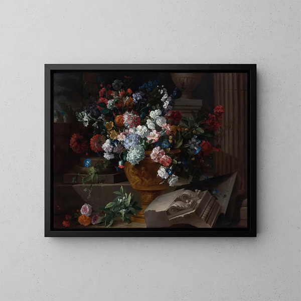 Nature morte with flowers in a carved urn with architectural fragments on a terrace - Jean-Baptiste Monnoyer — framed artwork on a wall