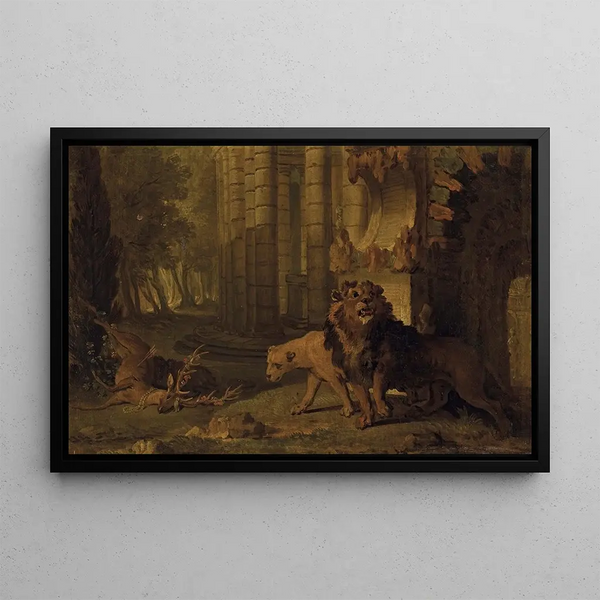Atalante and Hippomenes transformed into lions - Jean-Baptiste Oudry — framed artwork on a wall