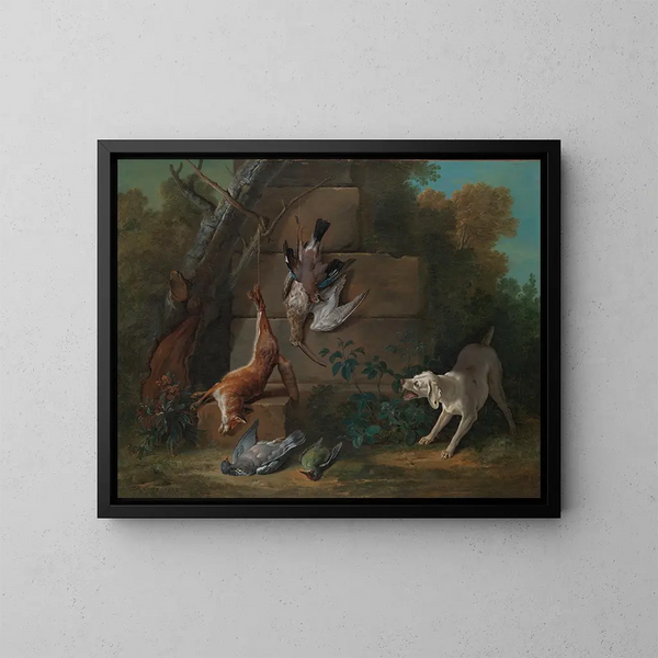 a Dog guarding game - Jean-Baptiste Oudry — framed artwork on a wall