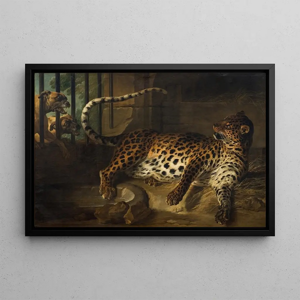 JeanBaptiste Oudry - Leopard in a Cage confronted by two Mastiffs.webp