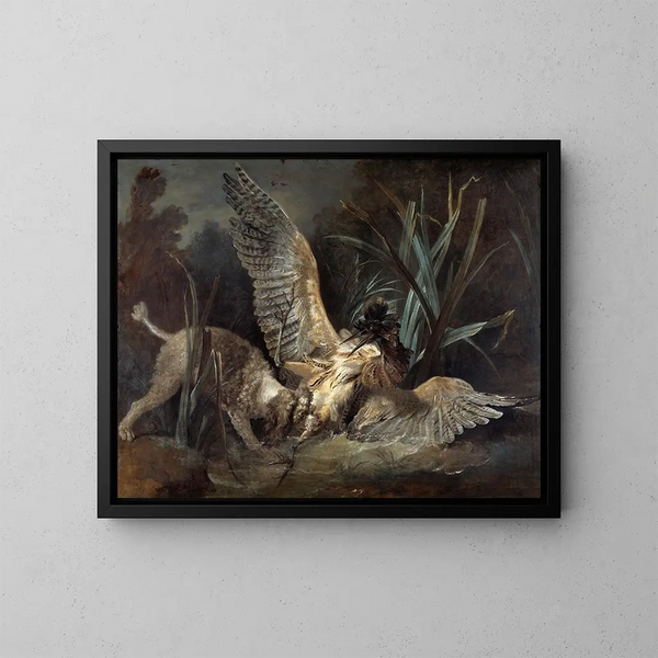 Epagneul catching a bittern - Jean-Baptiste Oudry — framed artwork on a wall