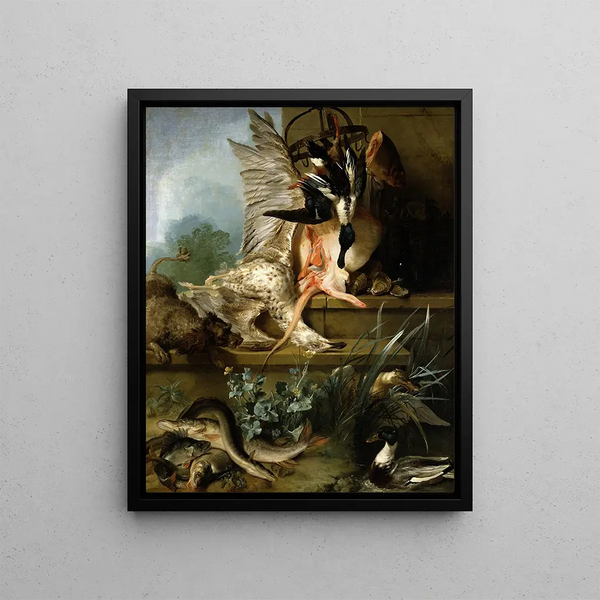 Still life with a spaniel hunting ducks - Jean-Baptiste Oudry — framed artwork on a wall