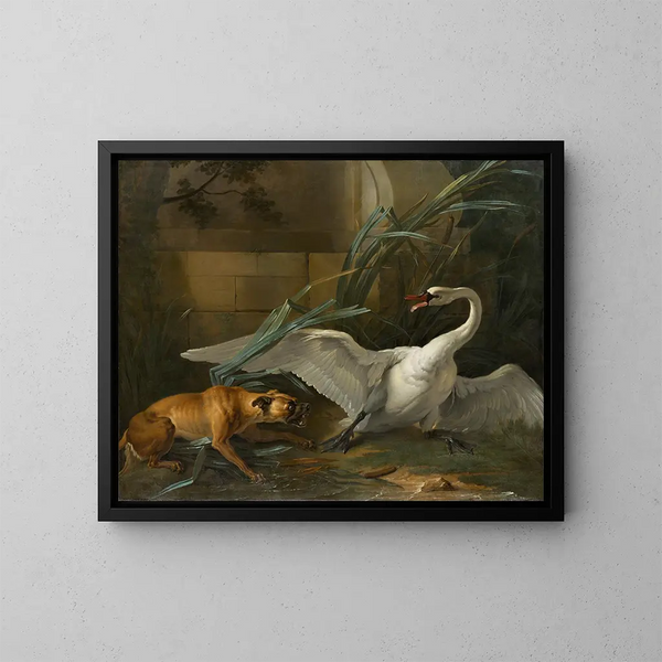 Swan Attacked by a Dog - Jean-Baptiste Oudry — framed artwork on a wall
