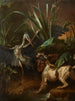 Waterspaniël tegenover een reiger – Jean-Baptiste Oudry — schilderij uit 1722 met wit-bruine spaniël, reiger en riet