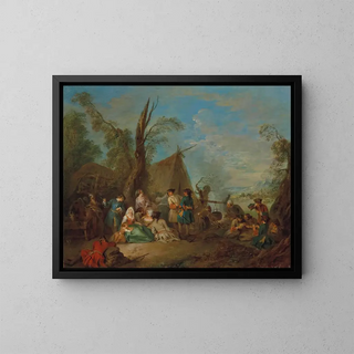 JeanBaptiste Pater - Soldiers And Vivandires Cooking And Resting Around A Campfire A Wagon And A Tent Beyond.webp