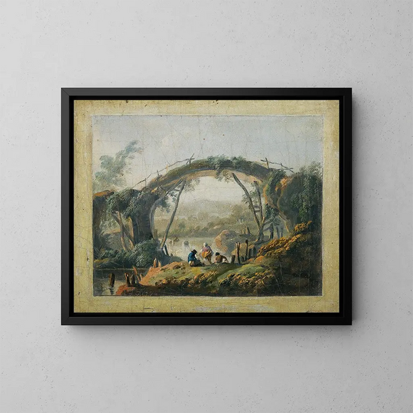 a pair of river landscapes with figures approaching a bridge - Jean-Baptiste Pillement — framed artwork on a wall