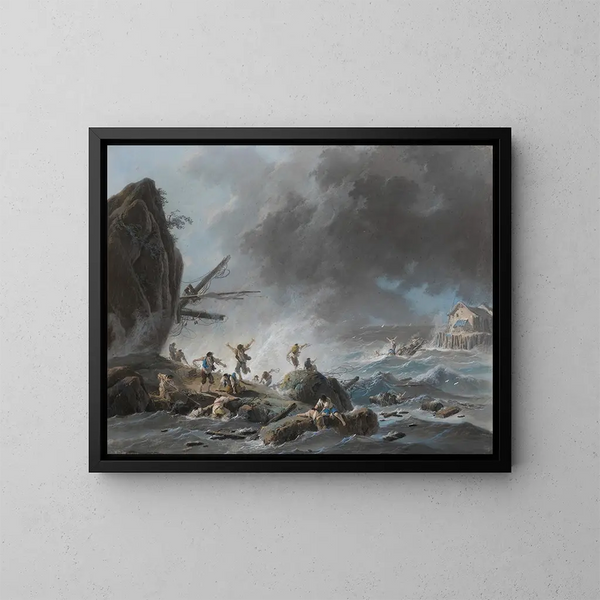 a shipwreck on a rocky coast during a storm - Jean-Baptiste Pillement — framed artwork on a wall