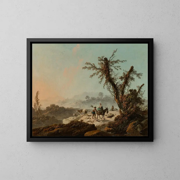 Goatherds in a Rocky Landscape - Jean-Baptiste Pillement — framed artwork on a wall