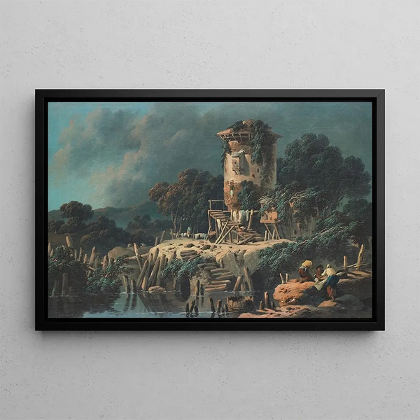 The old tower, pastoral landscape - Jean-Baptiste Pillement — framed artwork on a wall