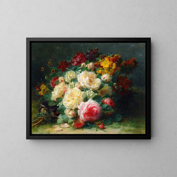 a bouquet of cabbage roses - Jean-Baptiste Robie — framed artwork on a wall