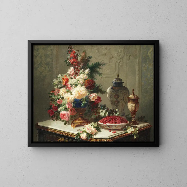 Still life with flowers and raspberries - Jean-Baptiste Robie — framed artwork on a wall