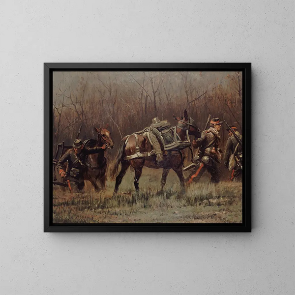 Military scene with ambulance mules, fragment of the Champigny panorama - Jean-Baptiste Édouard Detaille — framed artwork on a wall
