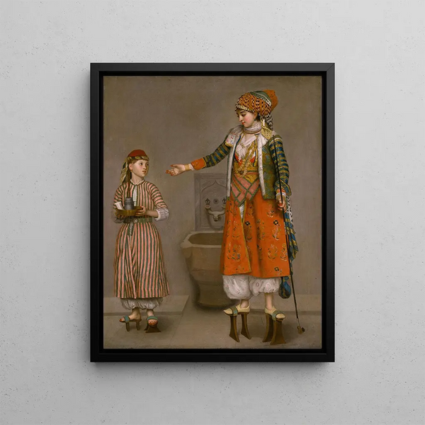 a lady in a Turkish dress and her servant - Jean-Étienne Liotard — framed artwork on a wall