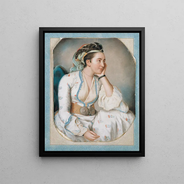 a woman in a Turkish dress - Jean-Étienne Liotard — framed artwork on a wall