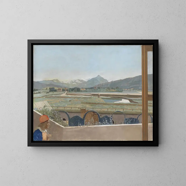 View of Mont Blanc massif from the artists' studio in Geneva with a self-portrait - Jean-Étienne Liotard — framed artwork on a wall