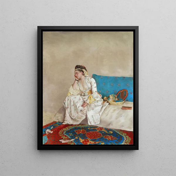 a woman in a Turkish dress sitting on a sofa - Jean-Étienne Liotard — framed artwork on a wall