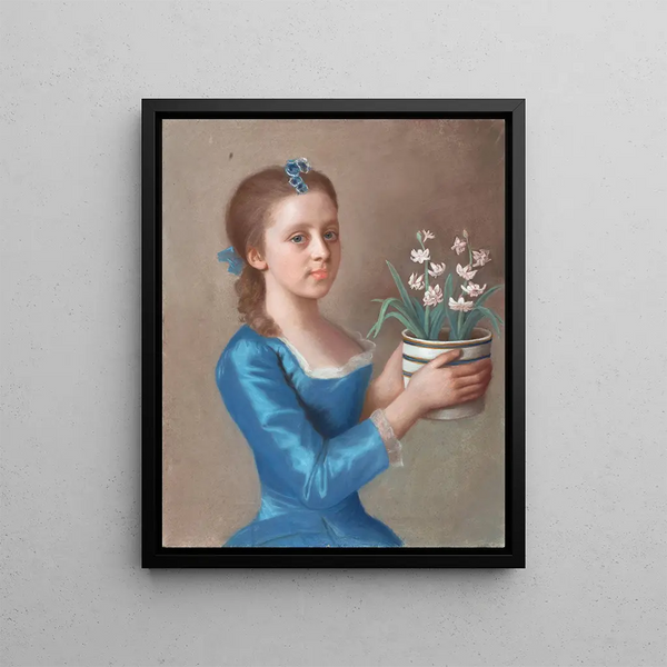 Young girl holding a hyacinth pot - Jean-Étienne Liotard — framed artwork on a wall