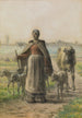 Landbouwer die naar de velden leidt met zijn koe en schapen - Jean-François Millet — weergave van het kunstwerk