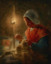 Vrouw die naait bij het licht van een lamp - Jean-François Millet — weergave van het kunstwerk