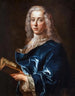portret van een man met een blauwe jas die een boek vasthoudt - Jean-François de Troy — weergave van het kunstwerk