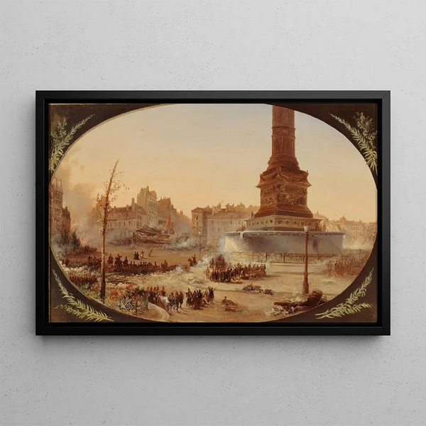 La Place de la Bastille and the barricade at the entrance of the Faubourg Saint-Antoine on June 25, 1848 - Jean-Jacques Champin — framed artwork on a wall