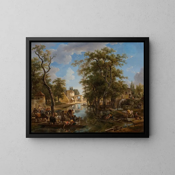 a lively canal scene with ferries and boats carrying residents and animals - Jean-Louis Demarne — framed artwork on a wall