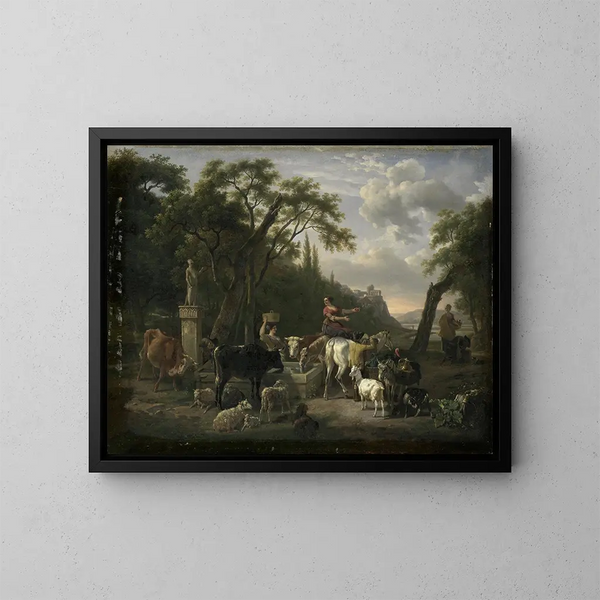 Italian landscape painting with shepherds and animals near a fountain - Jean-Louis Demarne — framed artwork on a wall