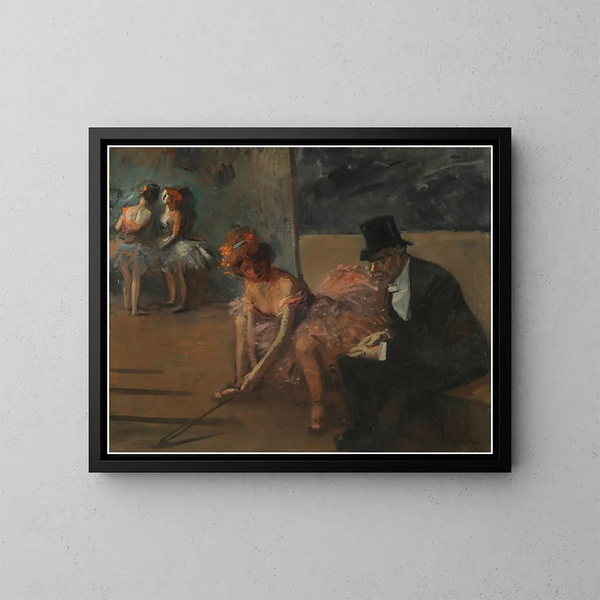 Danseres en bewonderaar achter de scène - Jean-Louis Forain — ingelijst kunstwerk aan de muur